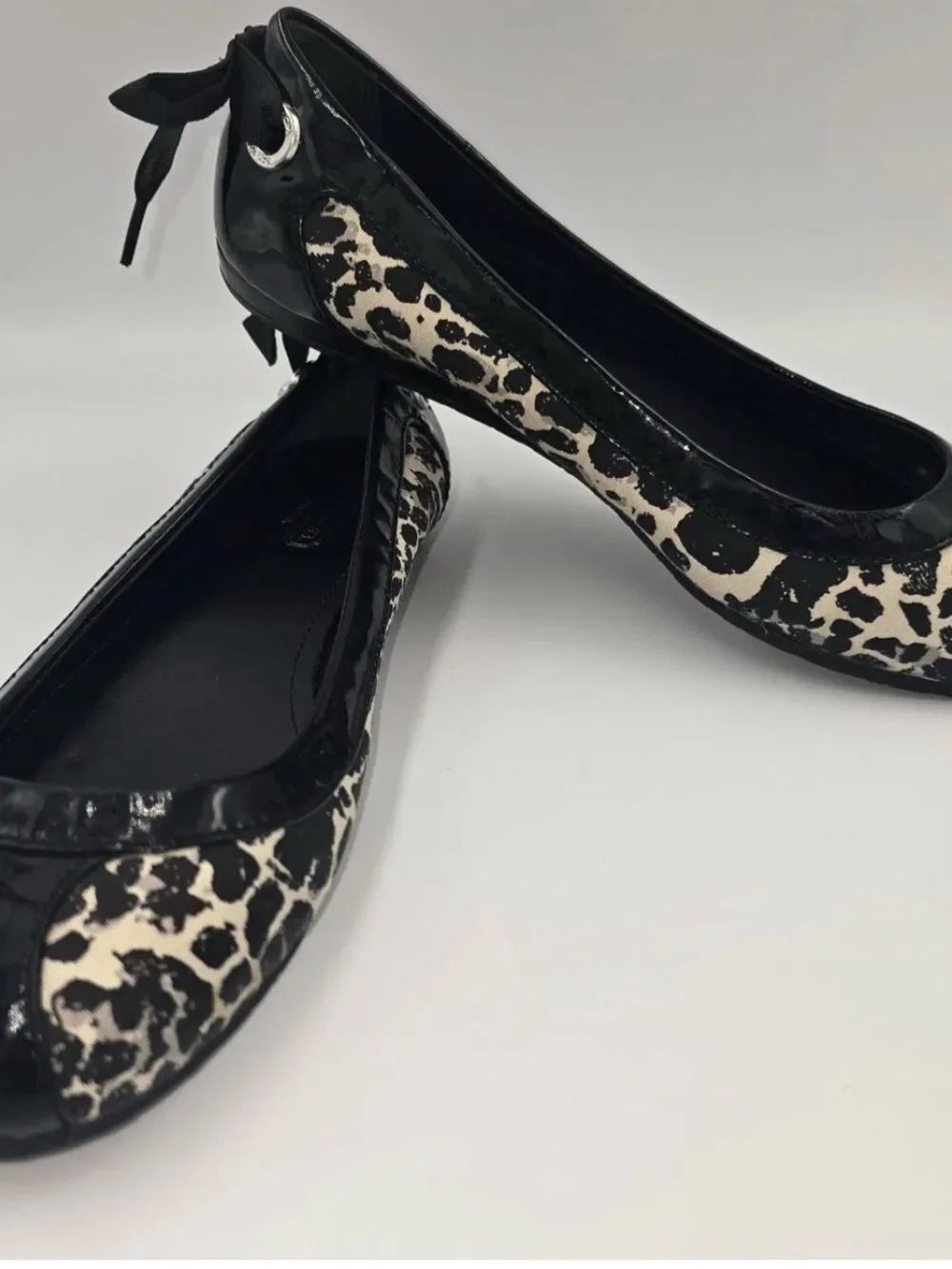 Coach Black and White Leopard Print Patent Ballet Flats